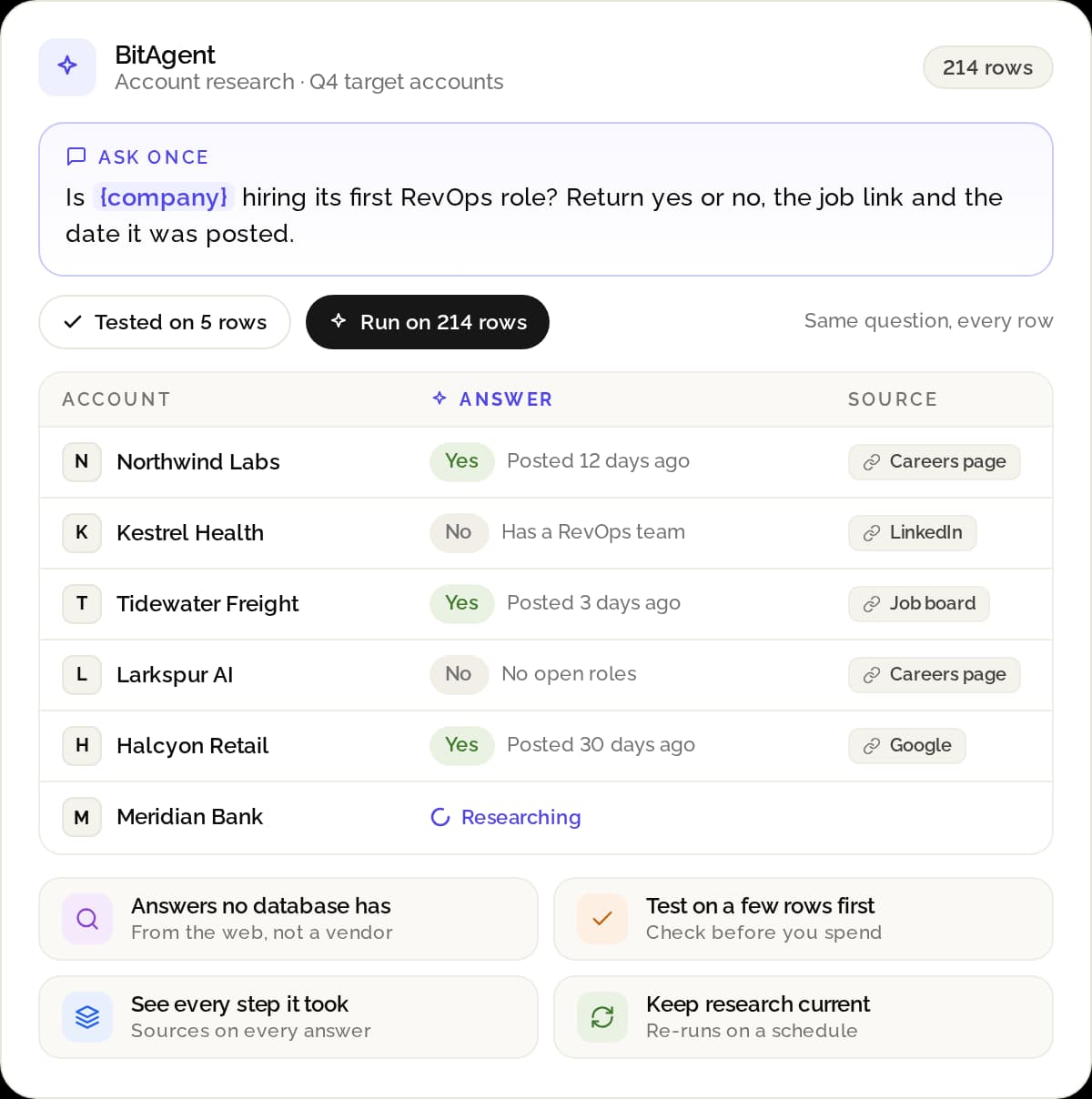 BitAgent prompt editor for researching company data